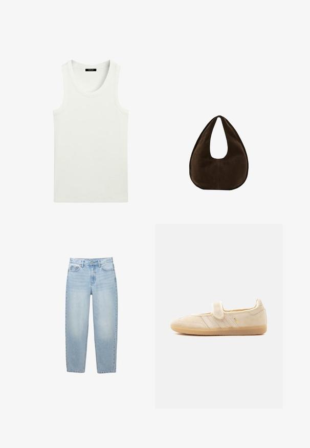 Witte mouwloze geribbelde tanktop met ronde halslijn en label aan de binnenkant van de kraag.; Lichtblauwe high-waist jeans met rechte pijpen, voorste knoop, ritssluiting, riemlussen en vijfzakkenontwerp op een witte achtergrond.; Beige suède Mary Jane sneaker met klittenbandsluiting, rubberen zool, drie gestikte strepen en gouden "SAMBA"-branding aan de zijkant.; Donkerbruine suède handtas in halve maanvorm met een enkele brede riem en een gladde textuur op een witte achtergrond.