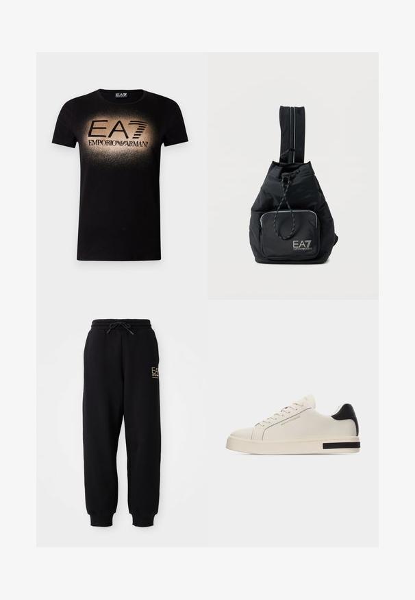 Sort t-shirt i bomuld med et gradient guldlogo og teksten "EA7 EMPORIO ARMANI" i fed skrift tværs over brystet. Korte ærmer.; Sorte sweatpants med snor i taljen, elastiske manchetter og et lille guld logo på venstre side. Blødt stof med en glat tekstur.; Hvid lavt sneakers med cremesål, beige snørebånd, sort hælfane og "Armani Exchange" branding i guld på siden og tungen.; Sort Emporio Armani EA7 skuldertaske med lynlåslomme foran og justerbar enkeltrem på hvid baggrund.