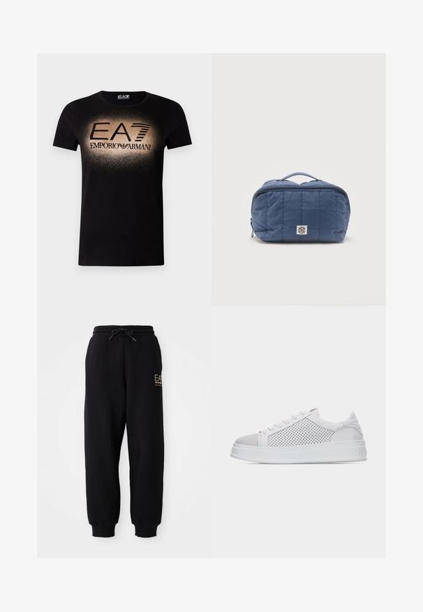 Sort t-shirt i bomuld med et gradient guldlogo og teksten "EA7 EMPORIO ARMANI" i fed skrift tværs over brystet. Korte ærmer.; Sorte sweatpants med snor i taljen, elastiske manchetter og et lille guld logo på venstre side. Blødt stof med en glat tekstur.; Hvid lavtopsneakers med perforerede sider, snørelukning foran og tyk tekstureret sål, vist fra højre side på ensfarvet baggrund.; Blå rektangulær polstret toilettaske med topgreb, lynlåslukning og lille hvid logoetiket foran.