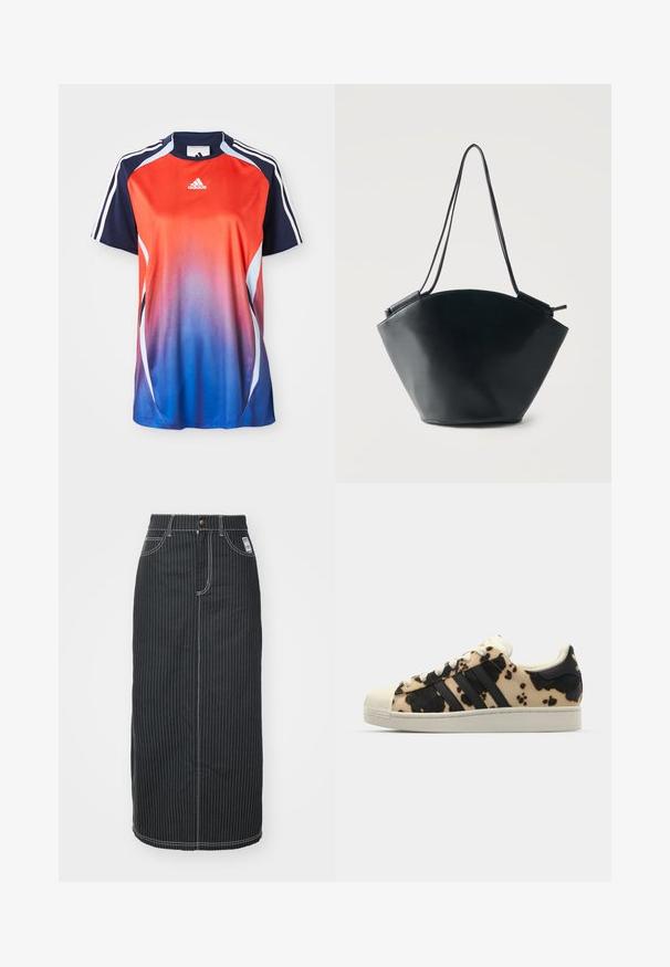 Adidas kortærmet sports T-shirt med en gradient fra rød til blå, med marineblå akcenter og hvide striber langs skuldrene.; Sort denim midi-nederdel med hvide lodrette striber. Har en knapliv, to forlommer og kontrastsyninger. Lige snit design.; Sko med koshudsmønster i beige og sort, tre sorte striber, hvid gummitå, og struktureret sål. Har snørebånd og branding.; Sort læder bucket taske med bred afrundet bund og smalle dobbelte skulderstropper mod en ensartet lys baggrund.