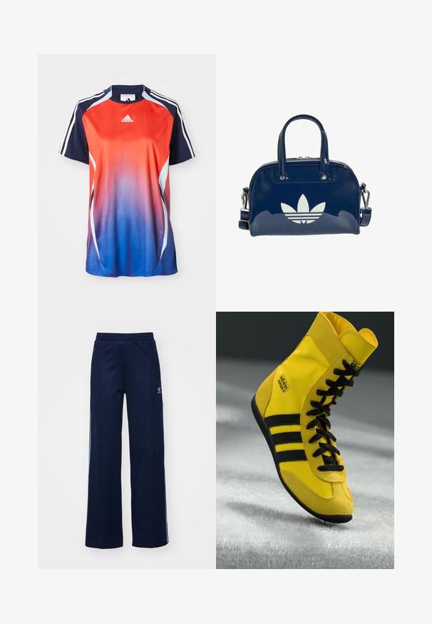 Adidas kortærmet sports T-shirt med en gradient fra rød til blå, med marineblå akcenter og hvide striber langs skuldrene.; Marineblå bomuldsblandede træningsbukser med bred benstil, elastisk talje og lynlåslommer, prydet med hvide sideordner og logo-detalje.; Høje sneakers lavet af gult syntetisk materiale, der har sorte snørebånd, tre sorte striber og branding på siden. Struktureret gummisål.; Skinnende mørkeblå håndtaske med dobbelte håndtag og justerbar rem, med en stor hvid Adidas trefoil-logo på forsiden.