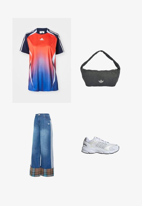 Adidas sportshirt met korte mouwen, voorzien van een gradient van rood naar blauw, met marineblauwe accenten en witte strepen langs de schouders.; Wijd uitlopende spijkerbroek in lichtblauw, met witte zijstrepen en een bruine geruite omslag. Gemaakt van een zachte, gestructureerde stof.; Witte sportschoen met ademend mesh en synthetische materialen, drie zilveren strepen, een getextureerde rubberen zool en een gevoerde kraag.; Donkere grijze schoudertas van getextureerde stof, met een ritssluiting en een geborduurd logo aan de voorkant. Lange, gebogen schouderriem.