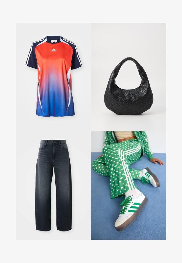 Adidas Sportshirt mit kurzen Ärmeln in einem Farbverlauf von Rot zu Blau, mit marineblauen Akzenten und weißen Streifen an den Schultern.; Weite Jeans in dunkelblauem Denim, mit hoher Taille, klassischem Knopf- und Reißverschluss und subtilen Ausbleichungen an der Vorderseite.; Grüner Trainingsanzug mit weißen Blumenmustern und weißen Streifen, kombiniert mit weißen Sneakern mit grünen Streifen und glitzernden Schnürsenkeln.; Schwarze gewebte Handtasche mit einem gebogenen Griff, die eine strukturierte Oberfläche und eine lässige Form hat. Glatte Oberfläche mit einer organischen Silhouette.