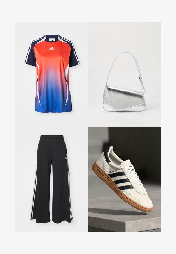 T-shirt de sport à manches courtes Adidas présentant un dégradé du rouge au bleu, avec des accents marine et des rayures blanches le long des épaules.; Pantalon large noir avec taille élastique, comportant trois bandes blanches le long des côtés extérieurs et un petit logo à l'avant.; Baskets en daim blanc avec des bandes navy, semelle en caoutchouc gomme, tige texturée, bout rond et lacets ; arbore un logo sur le côté et sur la languette.; Sac à main en métal argenté de forme triangulaire, texture lisse et fine bandoulière réglable. Présente un design rabat avec couture.