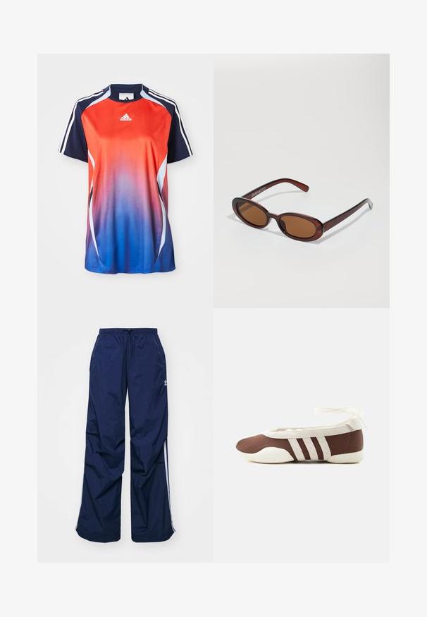 Adidas sportshirt met korte mouwen, voorzien van een gradient van rood naar blauw, met marineblauwe accenten en witte strepen langs de schouders.; Navyblauwe, lichtgewicht broek met elastische taille en trekkoord, voorzien van witte zijstrepen en een klein logo aan de voorkant. Losse pasvorm.; Bruine en witte ballerinaschoenen met drie witte strepen en een strik om de enkel op een effen lichte achtergrond.; Ronde, bruin getinte zonnebril met een glanzend bordeauxrood frame. Slanke pootjes met subtiele merkdetails. Vlakke lensontwerp.