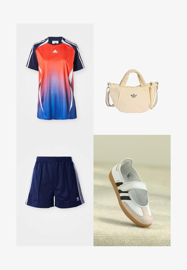 Adidas kortærmet sports T-shirt med en gradient fra rød til blå, med marineblå akcenter og hvide striber langs skuldrene.; Marine atletikshorts lavet af letvægtsmateriale, med hvide sidelister og et broderet logo nederst til venstre. Elastisk talje.; Hvid sko med en lyserød ruskindforfod, sorte striber og en velcrorem. Har en lys gummi sål og et logo på siden.; Lille beige skuldertaske med dobbelte håndtag og Adidas-logo i midten, der har en aftagelig striped rem og lynlås med guld accenter.