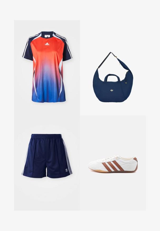 Adidas kortærmet sports T-shirt med en gradient fra rød til blå, med marineblå akcenter og hvide striber langs skuldrene.; Marine atletikshorts lavet af letvægtsmateriale, med hvide sidelister og et broderet logo nederst til venstre. Elastisk talje.; Hvid sneaker med lavt snit og brune læderstriber, snørelukning og en sål i gummi, vist fra indersiden på en hvid baggrund.; Navyblå Adidas skuldertaske i halvmåneform med korte håndtag, justerbar rem og gyldne lynlåsdetailler.
