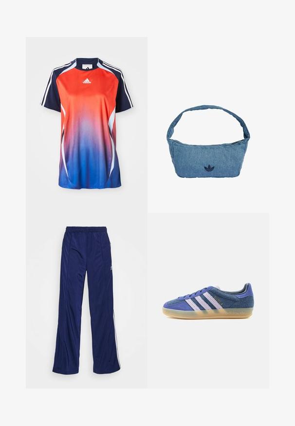 T-shirt de sport à manches courtes Adidas présentant un dégradé du rouge au bleu, avec des accents marine et des rayures blanches le long des épaules.; Pantalons de sport navy avec une taille élastique, jambes droites et zippers sur les côtés. Présente des passepoils blancs le long des côtés. Texture de tissu lisse.; Baskets basses en daim bleu avec des bandes blanches texturées, semelle en gomme translucide et marquage doré "BAYRE" sur le côté.; Sac d'épaule en jean bleu clair avec un logo brodé en bleu foncé. Comprend une sangle large et douce ainsi qu'une fermeture zippée sur le dessus.