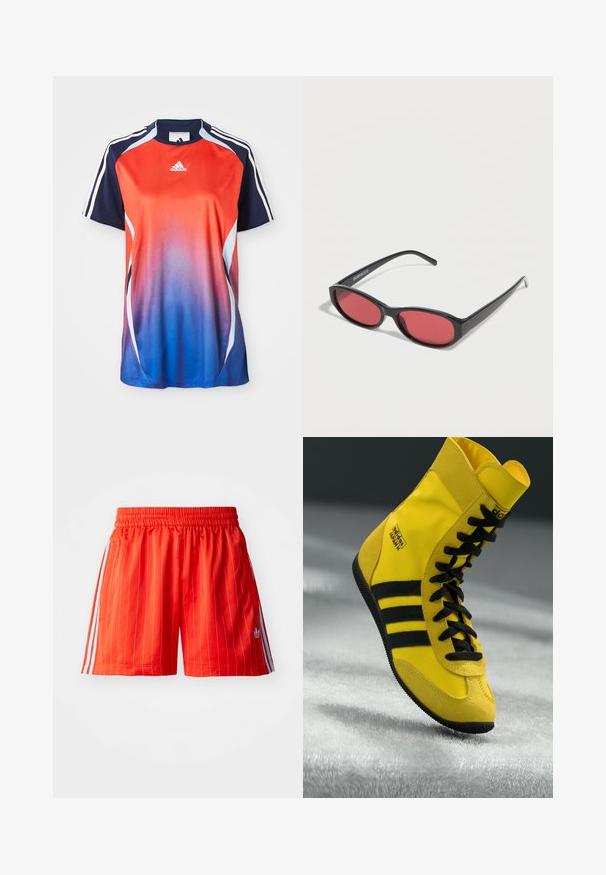 Adidas kortærmet sports T-shirt med en gradient fra rød til blå, med marineblå akcenter og hvide striber langs skuldrene.; Røde sportsshorts med lodrette hvide striber, elastisk talje og lyseblå detaljer langs siderne. Har sidelommer.; Høje sneakers lavet af gult syntetisk materiale, der har sorte snørebånd, tre sorte striber og branding på siden. Struktureret gummisål.; Sorte ovale solbriller med tynde arme og rødtonede linser, der ligger på en hvid overflade.