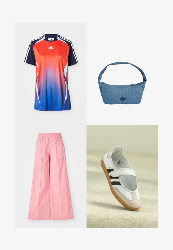 Adidas Sportshirt mit kurzen Ärmeln in einem Farbverlauf von Rot zu Blau, mit marineblauen Akzenten und weißen Streifen an den Schultern.; Rosa weit geschnittene Hosen aus einem leichten Stoff, mit einem elastischen Bund und dezenten weißen Seitenstreifen. Kleines Logo auf der Vorderseite.; Weiße Schuhe mit einer pinken Wildleder-Zehe, schwarzen Streifen und einem Klettverschluss. Sie verfügen über eine tanfarbene Gummisohle und ein Logo an der Seite.; Denim-Schultertasche in Hellblau mit einem gestickten dunkelblauen Logo. Verfügt über einen breiten, weichen Riemen und einen Reißverschluss oben zum Verschließen.