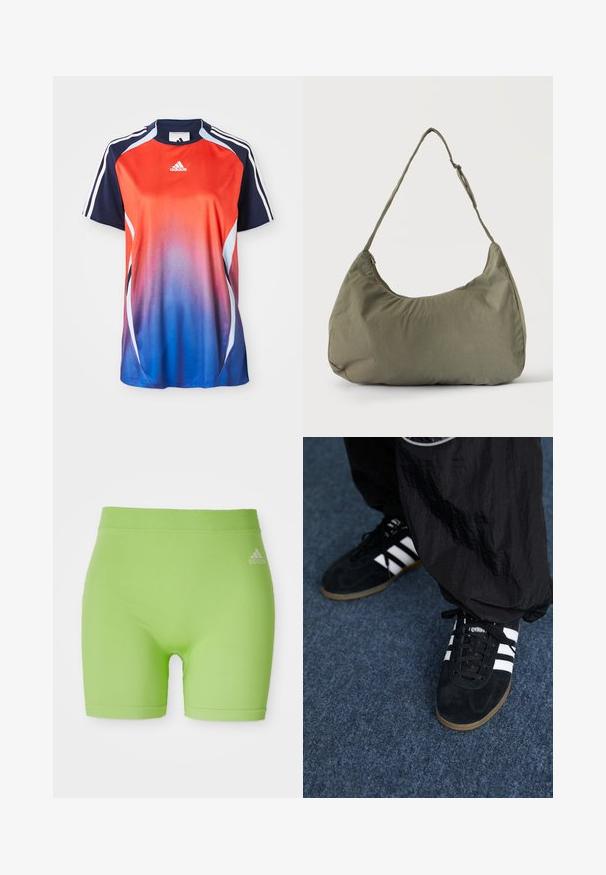 Adidas športová košeľa s krátkym rukávom s gradientom od červenej po modrú, s námorníckymi akcentmi a bielymi pruhmi pozdĺž ramien.; Zelené atletické šortky vyrobené z elastického materiálu, s stredne vysokým pásom a logom Adidas na pravej prednej strane.; Čierne roháčiky z semišu so tromi bielymi pruhmi a čiernymi šnúrkami. Texturované čierne nohavice sú čiastočne viditeľné vedľa topánok.; Olivovo zelená mäkká látková taška cez rameno so zipsovým uzáverom a nastaviteľným popruhom na svetlom jednofarebnom pozadí.