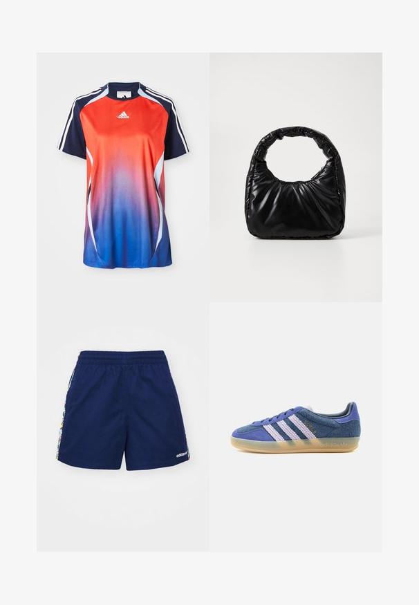 Adidas kortærmet sports T-shirt med en gradient fra rød til blå, med marineblå akcenter og hvide striber langs skuldrene.; Marineblå shorts med elastisk talje, med farverige blomstrede striber på siderne og et lille hvidt logo nederst på sømmen.; Lavtopet sneaker i blå ruskind med hvide teksturerede striber, gennemsigtig gummisål og gyldent "BAYRE" branding på siden.; Sort polstret håndtaske med et rundt håndtag, der har en glat, skinnende overflade og en blød, kviltet tekstur. Ingen synlige hardware eller accenter.