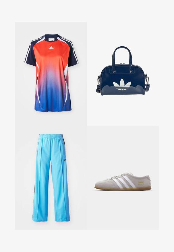 Adidas sportshirt met korte mouwen, voorzien van een gradient van rood naar blauw, met marineblauwe accenten en witte strepen langs de schouders.; Lichtblauwe sportbroek met een elastische tailleband, zijritsen en zwarte accenten aan de zijkanten. Zachte stof met een losse, wijde pijpdesign.; Grijze suede sneaker met witte leren strepen en gouden logo detail. Platte gum zool, ronde neus en klassiek vetersluitingssysteem.; Glanzende donkerblauwe handtas met dubbele handvatten en verstelbare riem, met een groot wit Adidas trefoil-logo aan de voorkant.