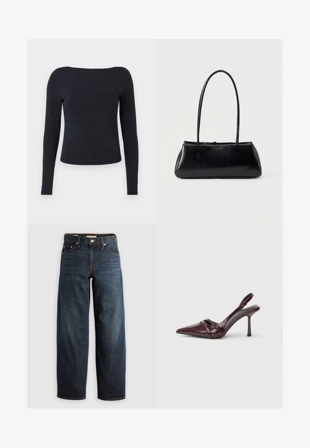 Schwarzer langärmeliger Oberteil aus weichem, elastischem Stoff. Verfügt über einen Rundhalsausschnitt und eine körpernahe Silhouette, mit glatter Textur und ohne Muster.; Dunkelblaue Jeans aus Denim mit einem geraden Bein-Design, Fünf-Taschen-Stil und Steppnähten sowie einem Knopfverschluss.; Bordeauxroter Slingback-Pumps aus Lackleder mit spitz zulaufender Vorderkappe, dünnem Knöchelriemen und kleiner dekorativer Schnalle. Glatte Textur und hoher Absatz.; Schwarze rechteckige Schultertasche mit langen dünnen Trägern und einer glatten, glänzenden Textur auf einfarbigem Hintergrund.
