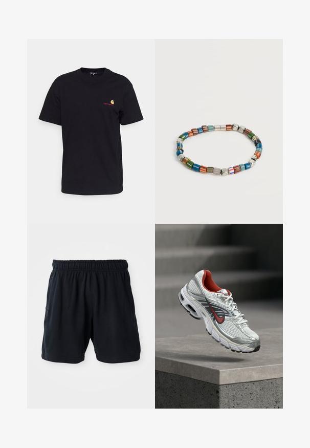 Zwarte katoenen t-shirt met korte mouwen, ronde hals en klein kleurrijk logo op de linker borst. Klassieke snit met een zachte textuur.; Zwarte sportshorts van zachte stof, met een elastische tailleband en twee zijzakken voor gemak.; Witte en zilveren Nike hardloopschoen met rode accenten die zweeft boven een betonnen rand, waarbij de zijkant en zool details worden getoond.; Armband met kralen met meerkleurige cilindrische en ronde kralen, inclusief zilverkleurige en gestreepte patronen, gerangschikt in een gesloten lus.