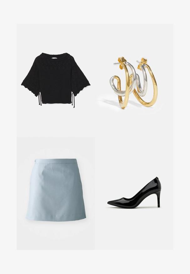 Haut noir en tricot à manches courtes présentant un motif texturé, des manches à volants et des détails de cordon de serrage à l'ourlet.; Jupe bleu clair en tissu lisse, à coupe droite, avec une taille fine et des détails de couture minimaux à l'ourlet.; Pump à talon haut en cuir verni noir avec un bout pointu et une silhouette épurée, présentant une texture lisse et un design minimaliste.; Boucles d'oreilles en créoles entrelacées en or et en argent avec des finitions lisses et brillantes ; elles disposent d'un fermoir à tige pour un port sécurisé.