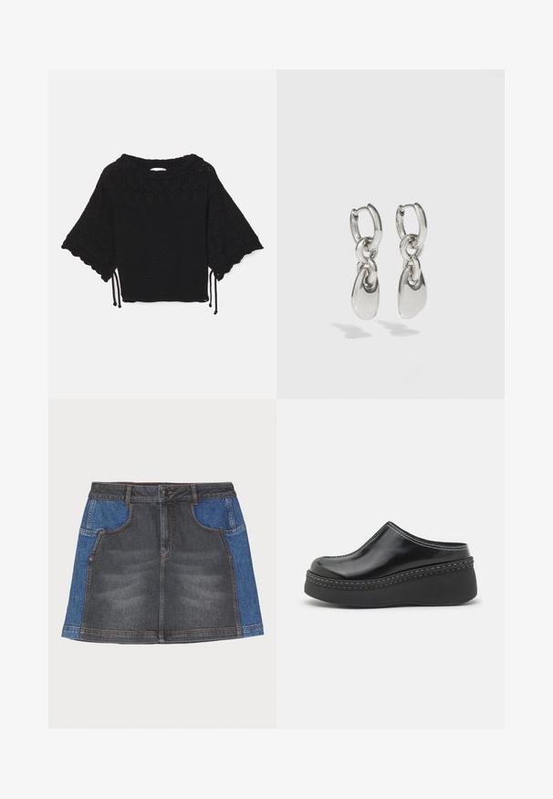 Sort strikket kortærmet top med et struktureret mønster, bølgede ærmer og snøre detaljer i kanten.; Denim nederdel med en mørkegrå front og lyseblå sidelapper, en almindelig talje, to forlommer og kontrastsying.; Sorte blanke klodser med platform, rund tå, buet overdelen og kontrasterende hvid sting langs kanten af sålen.; Sølvøreringe med forlængede ovale led, der har en poleret overflade og en struktureret dråpevedhæng. Enkel design med glatte kanter.
