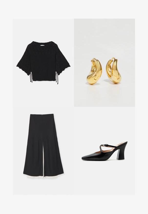 Top de punto negro de manga corta que presenta un patrón texturizado, mangas con forma de concha y detalles de cordón en el dobladillo.; Pantalones anchos negros con una apertura frontal, que presentan una textura suave y un forro blanco en contraste en el dobladillo. Cierre con cremallera en la parte trasera.; Mule de piel negra con punta afilada, tacón acampanado de altura media y tira fina con hebilla plateada sobre el empeine.; Pendientes de aro de oro con forma curva y suave, y acabado pulido. Presentan un mecanismo de cierre y ligeras indentaciones para un toque de detalle.
