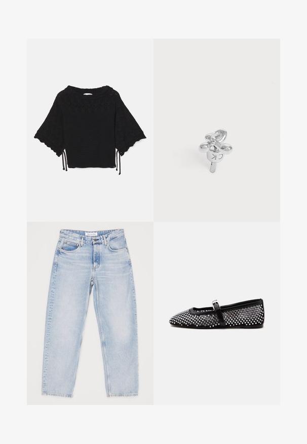 Haut noir en tricot à manches courtes présentant un motif texturé, des manches à volants et des détails de cordon de serrage à l'ourlet.; Jean en denim bleu clair avec une coupe décontractée, cinq poches et un design à jambes droites. Texture délavée, bouton supérieur et fermeture éclair.; Chaussure plate Mary Jane noire avec des clous ronds argentés couvrant la tige et une fine bride avec une petite boucle argentée.; Clou d'oreille en argent avec un design abstrait torsadé et "CK" gravé au dos sur un fond blanc uni.