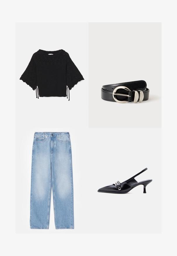 Haut noir en tricot à manches courtes présentant un motif texturé, des manches à volants et des détails de cordon de serrage à l'ourlet.; sandro Jean droit - bleu jean; Chaussure à talon bas en cuir verni noir avec bride arrière, bout pointu et détail boucle argentée sur fond blanc uni.; Ceinture en cuir noir avec une boucle arrondie argentée et deux passants argentés sur un fond clair uni.