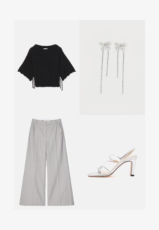 Haut noir en tricot à manches courtes présentant un motif texturé, des manches à volants et des détails de cordon de serrage à l'ourlet.; Pantalons larges gris à rayures verticales, présentant une texture lisse et un subtil éclat. Comprend des poches avant et une ceinture.; Sandale à talon haut argentée avec trois fines brides et un bout ouvert, vue de côté sur un fond blanc uni.; Longs boucles d'oreilles en argent avec un groupe de strass au sommet et des rangées de petites strass suspendues en dessous.
