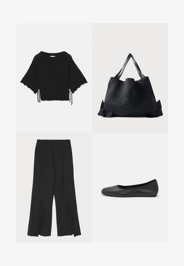 Top de punto negro de manga corta que presenta un patrón texturizado, mangas con forma de concha y detalles de cordón en el dobladillo.; Pantalones negros con un diseño de pierna ancha, que presentan acentos de volantes en las costuras laterales y una cinturilla plana. Textura de tela suave, corte a medida.; Bailarina de piel negra con punta redondeada, textura suave, detalle de costura minimalista y diseño de suela flexible.; Bolso tote grande negro tejido con asas anchas y planas y abertura superior, sobre un fondo claro y liso.