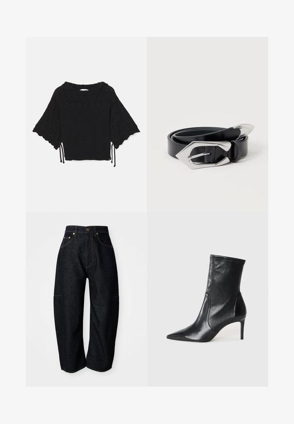 Sort strikket kortærmet top med et struktureret mønster, bølgede ærmer og snøre detaljer i kanten.; Mørke denim jeans med en afslappet pasform, der har diskret orange syninger, forlommer og en flad talje med en knaplukning.; Sorte ankelstøvler lavet af glat læder, med spids tå, tætsiddende skaft og en slank høj hæl. Minimalistisk design uden synligt hardware.; Sort læderbælte med et skinnende, kantet sølvspænde og en spids sølvspids, pænt rullet sammen mod en ensfarvet hvid baggrund.