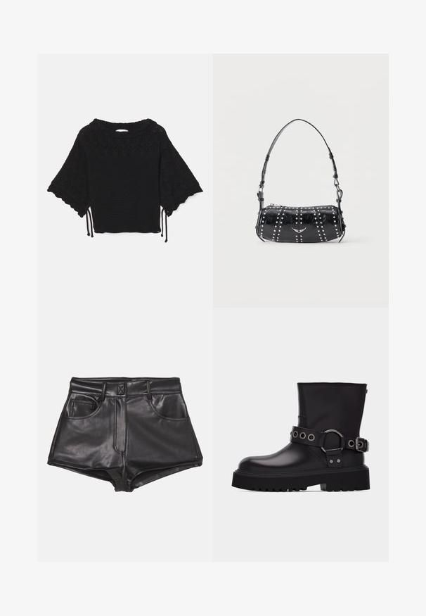 Top de punto negro de manga corta que presenta un patrón texturizado, mangas con forma de concha y detalles de cordón en el dobladillo.; Pantalones cortos de imitación cuero negros con cintura alta, que cuentan con dos bolsillos frontales, costuras visibles y una textura suave.; Bota negra de cuero hasta la mitad de la pantorrilla con suela gruesa de tacos, correa decorativa con ojales y hebilla de metal plateado en el lateral.; Bolso de hombro de charol negro con tachuelas plateadas dispuestas en filas verticales y un pequeño emblema plateado de pájaro en el centro frontal.