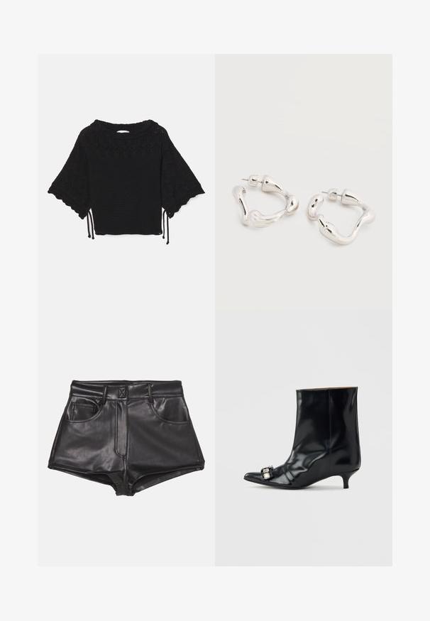 Top de punto negro de manga corta que presenta un patrón texturizado, mangas con forma de concha y detalles de cordón en el dobladillo.; Pantalones cortos de imitación cuero negros con cintura alta, que cuentan con dos bolsillos frontales, costuras visibles y una textura suave.; Bota de cuero negro para el tobillo con punta puntiaguda, tacón bajo tipo aguja y hebilla decorativa plateada en el lateral cerca de la punta.; Pendientes de aro de forma irregular en tono plateado con cierre de poste sobre una superficie blanca lisa.