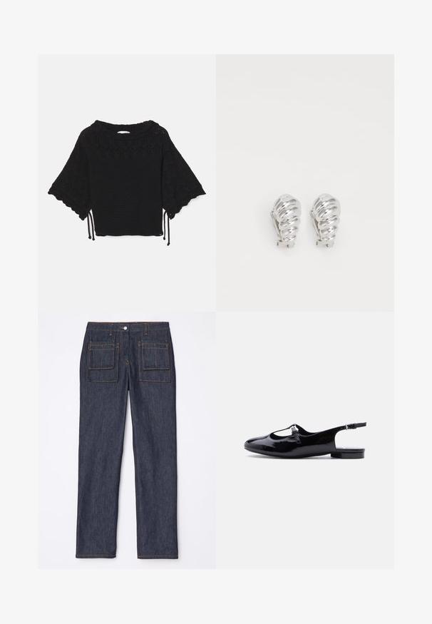 Sort strikket kortærmet top med et struktureret mønster, bølgede ærmer og snøre detaljer i kanten.; Mørkeblå denimjeans med lige ben-design, der har to baglommer og kontrasterende orange syninger.; Sort skinnende laklædersko med slingback, lav hæl og lukning med T-rem og spænde.; Sølv clip-on øreringe med spiralmønster, der har en glat metallisk tekstur og runde former. Ingen synlige udsmykninger eller mønstre.