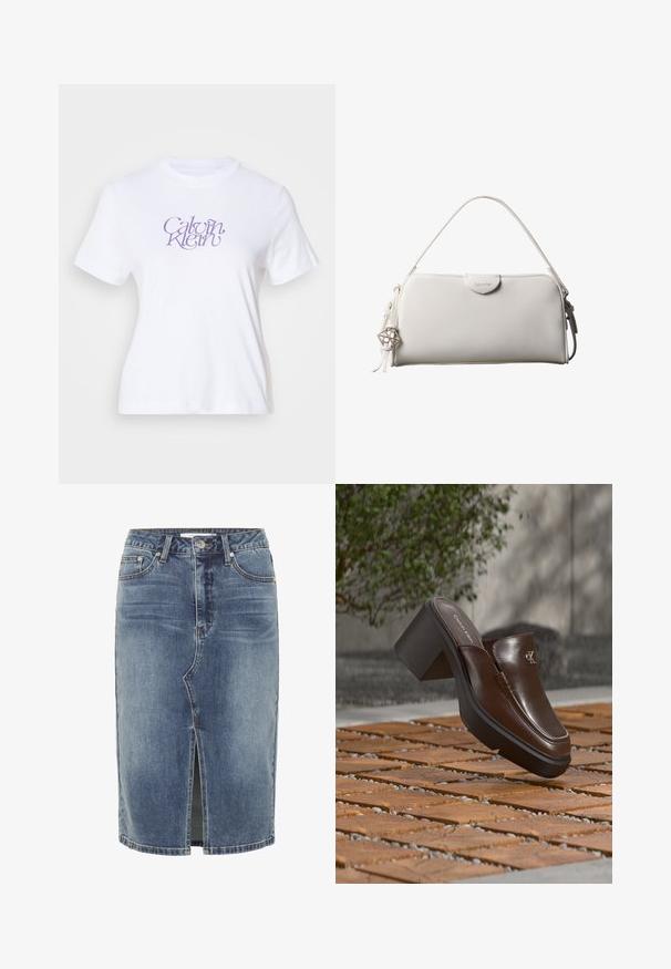 Hvid bomulds-t-shirt med korte ærmer, der har et lilla stiliseret "Calvin Klein" logo på forsiden. Rund halsudskæring, klassisk pasform.; Blå denim nederdel i knælængde med central slids foran, fem-lomme design og knaplukning i taljen.; Brun læder Calvin Klein hæl mule svævende over trægulv med en sløret grøn plante og væg baggrund.; Hvid rektangulær Calvin Klein håndtaske med enkelt håndtag, minimalistisk design og dekorative kvaster med geometrisk metalvedhæng på siden.