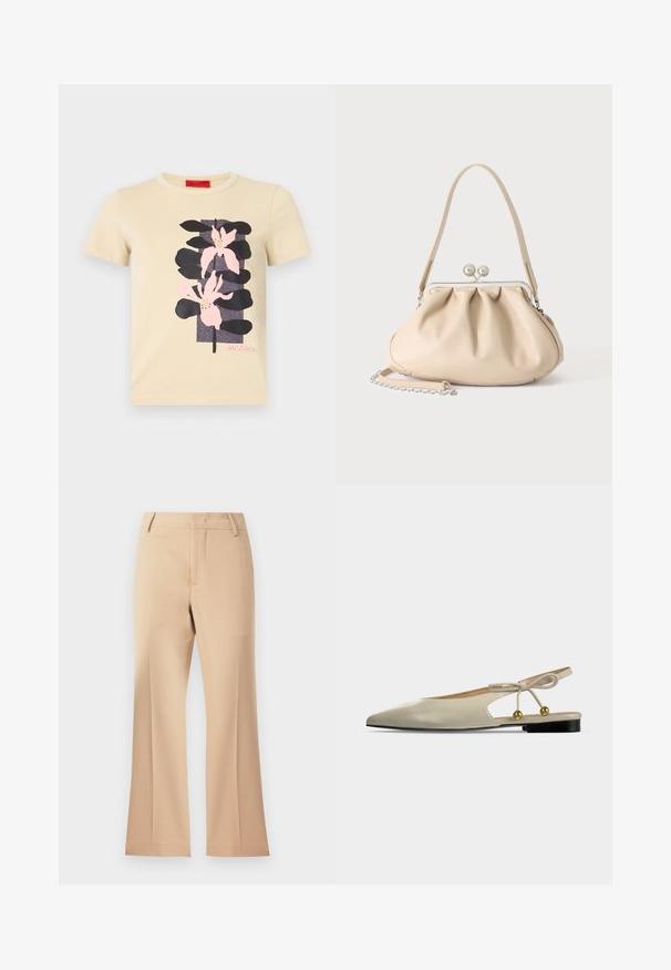 Beige T-shirt med korte ærmer og sort og pink blomsterprint samt "MAX&Co."-logo under designet.; Beige brede bukser med en glat tekstur, der har en mid-rise talje og rene frontfolder. Simpel design, ingen synlige udsmykninger.; Beige spids tå slingback flad sko med en lav sort hæl og dekorativ sløjfe med guldperler på ankelstroppen.; Beige blød læderhåndtaske med en sølv metalramme-lukning, enkelt skulderstrop og en valgfri kæderem på en hvid baggrund.