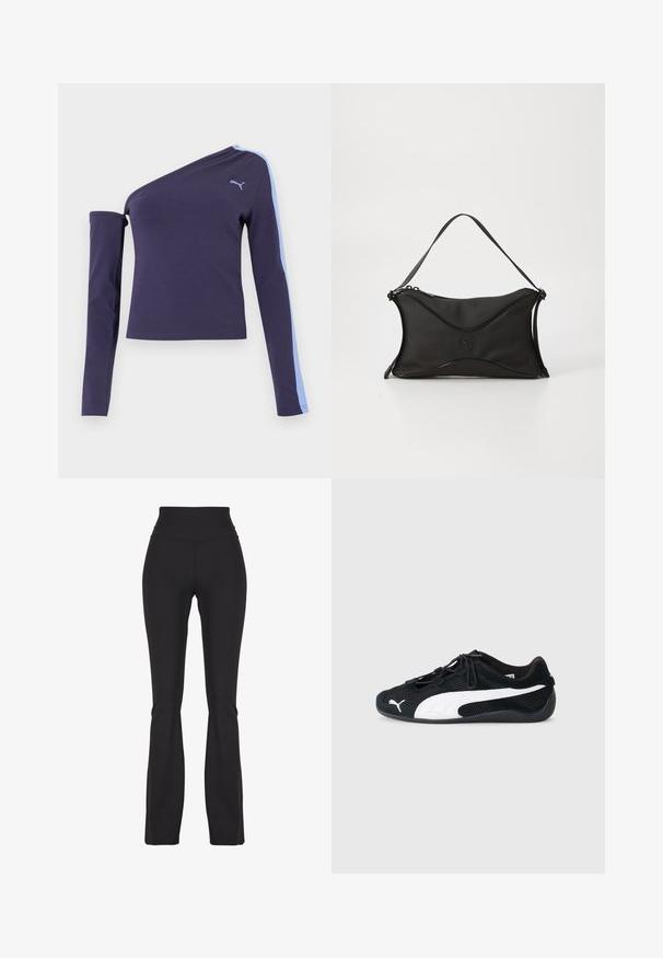 Mørkeblå, asymmetrisk langærmet top med lyseblå stribe på højre ærme og Puma-logo på brystet.; Sorte flared leggings lavet af strækbart stof, med en høj talje og glat tekstur, designet til komfort og bevægelighed.; Sorte atletiske sko i mesh og læder, med et hvidt Puma-logo, elastiske snørebånd og en struktureret gummisål.; Sort håndtaske lavet af et blødt, struktureret materiale. Har et bølget design, en enkelt skulderrem og en subtil logo-detalje på fronten.