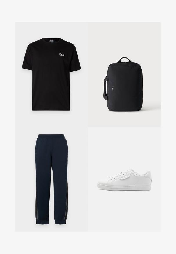Zwarte katoenen t-shirt met korte mouwen, ronde hals en een klein wit EA7-logo op de linkerborst. Gladde textuur, normale pasvorm.; Marineblauwe sweatpants met een zachte textuur, taps toelopende boorden en mesh zijpanelen. Elastische tailleband voor comfort en een casual pasvorm.; Witte leren sneaker met een ronde neus, zes oogjes, platte veters en een minimalistisch ontwerp. Bevat een klein logo aan de zijkant.; Zwarte rechthoekige reistas met boven- en zijkanten handvatten, minimalistisch ontwerp en klein logo aan de voorkant tegen een effen lichte achtergrond.