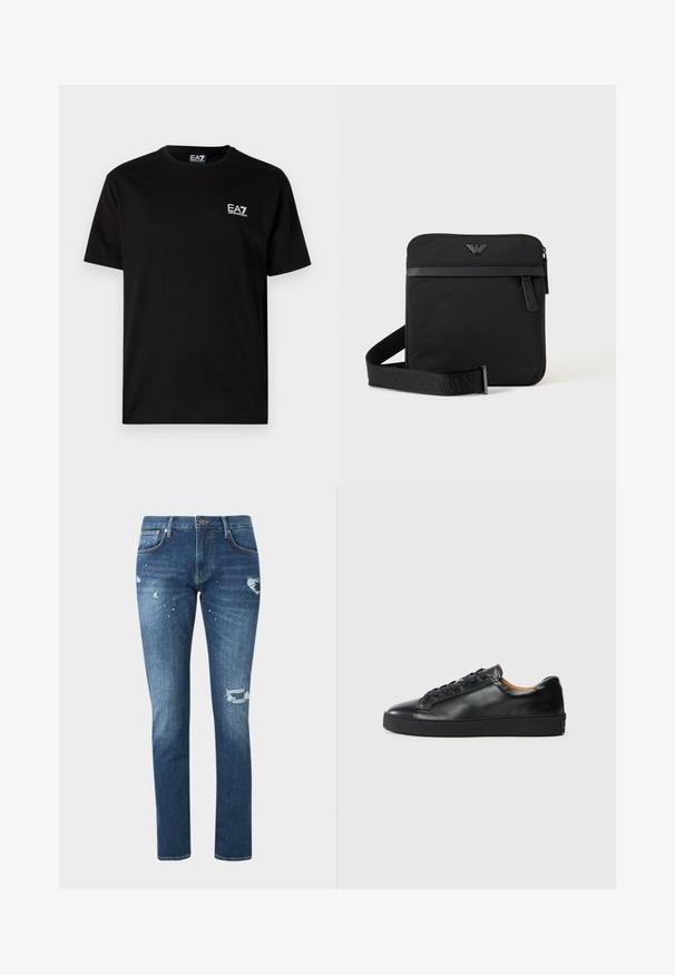 Μαύρη βαμβακερή μπλούζα t-shirt με κοντά μανίκια, στρογγυλή λαιμόκοψη και μικρό λευκό λογότυπο EA7 στο αριστερό στήθος. Λείο υλικό, κανονική εφαρμογή.; Μπλε τζιν στενής εφαρμογής με φθαρμένες λεπτομέρειες και πιτσιλιές μπογιάς, με εμπρόσθιες τσέπες και κλείσιμο με κουμπιά σε απλό φόντο.; Μαύρο δερμάτινο αθλητικό παπούτσι με λεία υφή, στρογγυλή μύτη και κορδόνια. Διαθέτει παχιά καουτσούκ σόλα και ελάχιστες λεπτομέρειες branding.; Μαύρη τετράγωνη τσάντα ώμου με φερμουάρ, μπροστινή τσέπη και ρυθμιζόμενο ιμάντα με ανάγλυφο όνομα μάρκας.