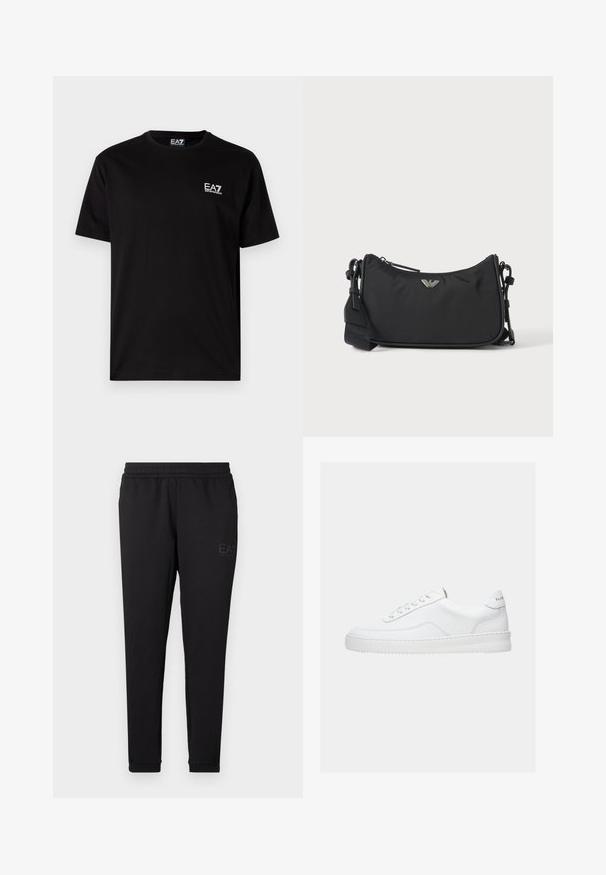 Sort bomulds t-shirt med korte ærmer, rund hals og lille hvid EA7-logo på venstre bryst. Glat tekstur, normal pasform.; Sorte joggingbukser lavet af blødt stof, med elastisk talje, tætsiddende manchetter og et lille logo trykt på siden.; Hvid lavt sneaker med snørelukning, glat læderoverdel og tyk sål, vist fra siden på en ensfarvet baggrund.; Sort rektangulær crossbody taske med sølv brandlogoemblem og justerbar rem på lys baggrund.