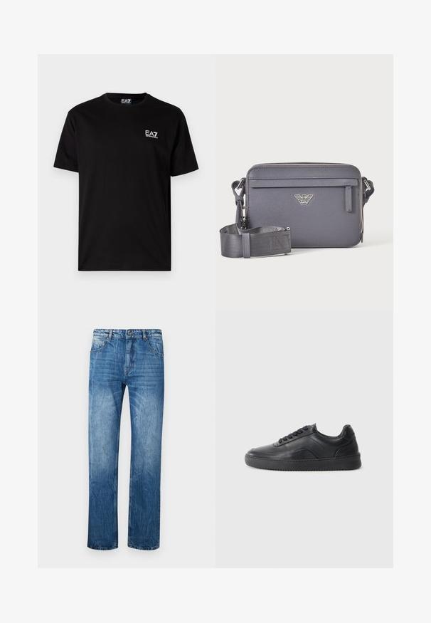 Sort bomulds t-shirt med korte ærmer, rund hals og lille hvid EA7-logo på venstre bryst. Glat tekstur, normal pasform.; Blå denim jeans med lige fit, der har fem lommer, bæltestropper og subtilt slid på stoffet.; Sorte lædersneakers med en glat finish, rund tå, struktureret sidelæder og sorte snørebånd. Har en flad gummisål og et minimalistisk design.; Mørkegrå rektangulær crossbody taske med justerbar rem, front lynlåslomme og sølv logoemblem.