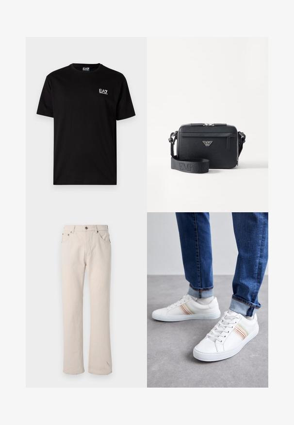 Sort bomulds t-shirt med korte ærmer, rund hals og lille hvid EA7-logo på venstre bryst. Glat tekstur, normal pasform.; Beige denim jeans med lige skæring, der har fem lommer, en knaplukning og diskrete syningss detaljer ved sømmene.; Hvide lædersneakers med multicolore striber, snørebåndsdesign, gummisål og polstret krave, parret med blå denimjeans.; Sort crossbody taske lavet af tekstureret materiale. Har en lynlåslukning, en frontlomme med lynlås og en metallogo akcent. Inkluderer justerbar rem.