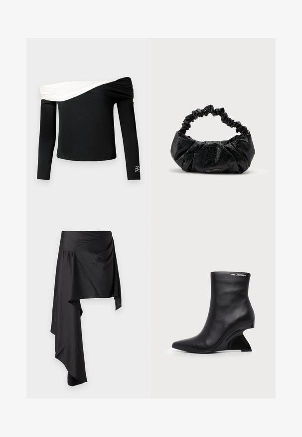 Sort, langærmet off-shoulder top med hvidt foldet draperet detaljer over brystet og lille hvid broderet design på venstre ærme.; Sort omslagskørt lavet af glat, letvægtsstof. Har en asymmetrisk kant og sammensat detaljering i taljen for en flydende silhuet.; Sort læderankelstøvle med buet skulptureret hæl og Karl Lagerfeld-logo nær den øverste kant på hvid baggrund.; Sort tekstureret læderhåndtaske med samlet elastikhåndtag og diskret "Karl Lagerfeld Jeans" logo foran nederst i midten.