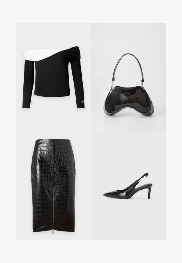 Sort, langærmet off-shoulder top med hvidt foldet draperet detaljer over brystet og lille hvid broderet design på venstre ærme.; Sort pencilskørt i faux læder med krokodillestruktur, som har en central guldlynlås og en glat overflade.; Sort læder slingback højhælede sko med spidse tæer, glat overflade og en smal ankelrem med guldfarvede hardware detaljer.; Sort patentlæder håndtaske med en unik buet form, kort justerbar hank og en lynlåslukning i toppen. Glat tekstur med diskret branding.