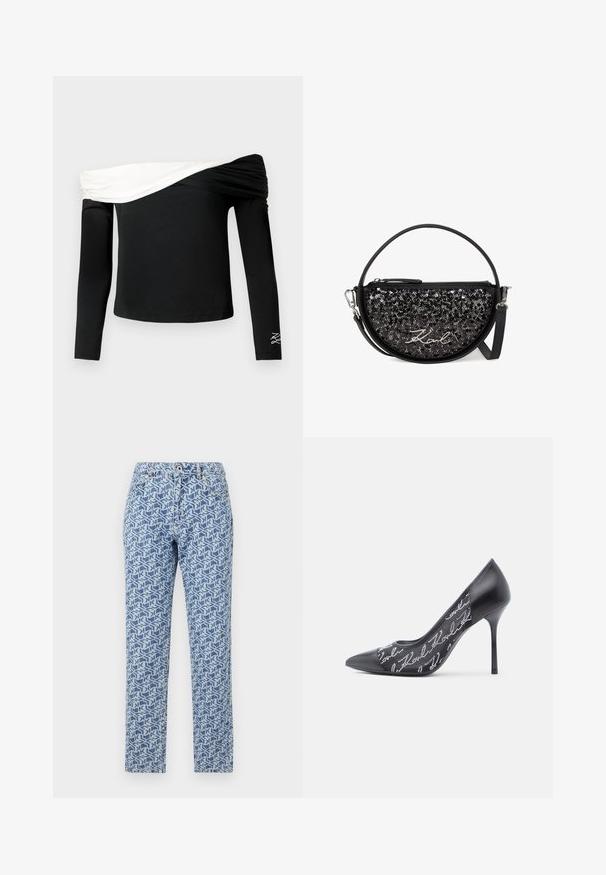 Sort, langærmet off-shoulder top med hvidt foldet draperet detaljer over brystet og lille hvid broderet design på venstre ærme.; Lyseblå denimjeans med et geometrisk hvidt mønster, lige ben design, knaplukning og fem lomme stil.; Sort spids tå højhælet sko med en glinsende finish, der har transparente netpaneler på siderne pyntet med sølvperlede mønstre og en slank silhuet.; Sort crossover taske med en halvmåneform, pailletdetaljer, læderaccenter, sølvfarvet hardware og lynlås closure øverst.
