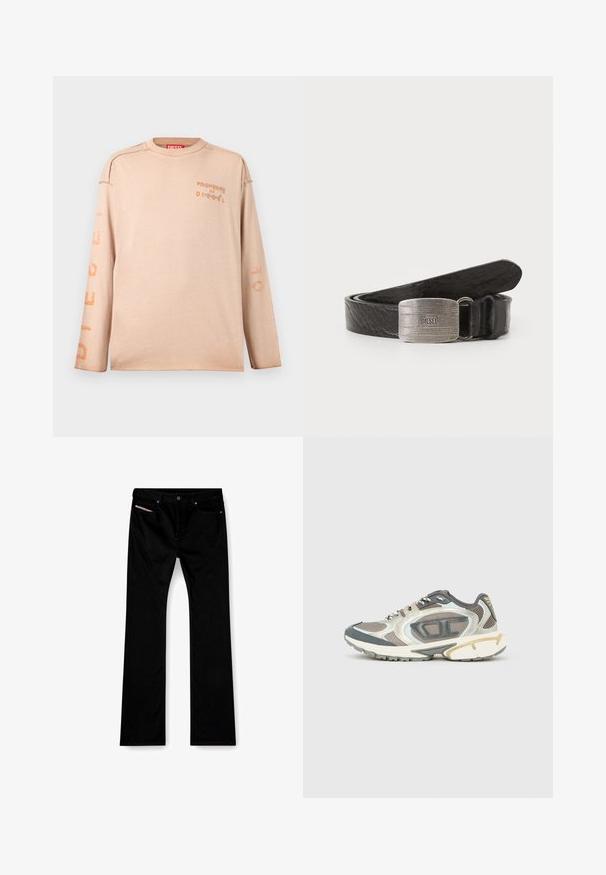 Beige langærmet t-shirt med rund hals, med falmet orange tekst "PROPERTY OF DIESEL" på brystet og ærmerne, synlige sømdetaljer på skuldrene.; Sorte straight-leg jeans med frontknap og lynlås, for- og baglommer samt en hvid etiket synlig i den højre forlomme.; Sportssko i grå, hvide og beige materialer med en mesh-overdel, tyk sål og teksturerede accenter. Reflekterende detaljer på siderne.; Sort læderbælte med en struktureret overflade, der har en rektangulær spænde i sølvfarve med indgraveret brandnavn. Glatte kanter, klassisk design.