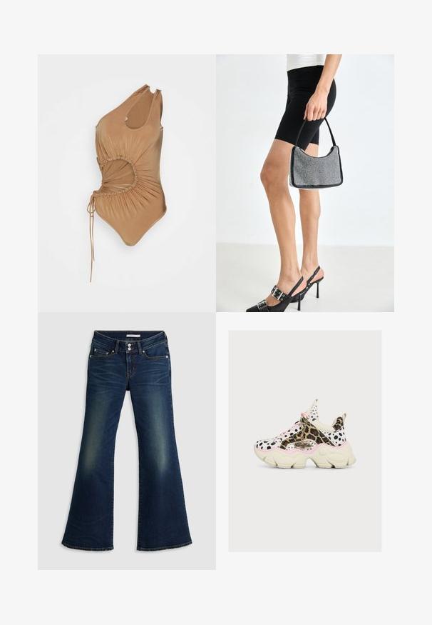 Materiel GATHEREDY CUT OUT - Top - tan; Dunkelblaue Jeans im Super-Low-Flare-Schnitt mit Front- und Gesäßtaschen, doppeltem Knopfverschluss und verwaschenen Details an Oberschenkeln und Knien.; Klobiger Sneaker mit gemischten Leopard- und Dalmatinerflecken, pinken Schnürsenkeln und einem goldenen Buffalo-Logoanhänger auf einer dicken cremeweißen Sohle.; Schwarze Perlen-Handtasche mit geschwungener Silhouette, Tragegriff und glänzender Textur. Kombiniert mit schwarzen High Heels und enganliegenden schwarzen Shorts.