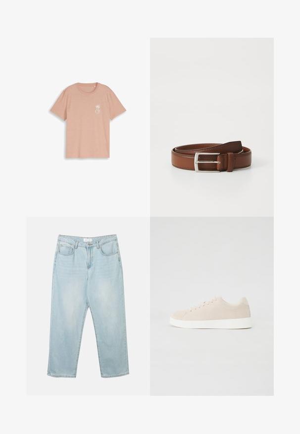 T-shirt beige à manches courtes avec col rond, petit motif de palmier blanc et texte "EST. 07 DENIM DESIGN STUDIO" sur le côté gauche de la poitrine.; Jean en denim bleu clair avec une coupe décontractée, cinq poches, une fermeture à bouton et un léger délavage. La texture est douce et légèrement usée.; Baskets en daim beige avec semelles en caoutchouc blanc, bout rond et six œillets pour les lacets. Texture lisse avec un design minimaliste.; Ceinture en cuir brun au fini lisse, avec une boucle en métal argenté et une couture subtile le long des bords. Design classique et durable.