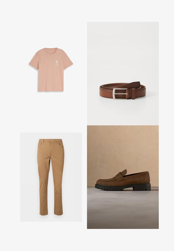 T-shirt beige à manches courtes avec col rond, petit motif de palmier blanc et texte "EST. 07 DENIM DESIGN STUDIO" sur le côté gauche de la poitrine.; Pantalon marron à jambes droites avec poches avant, passants ceinture, fermeture éclair et bouton sur un fond clair uni.; Mocassin en cuir marron foncé avec semelle épaisse en caoutchouc noir présenté au-dessus d’un tapis beige et d’un canapé en arrière-plan.; Ceinture en cuir brun au fini lisse, avec une boucle en métal argenté et une couture subtile le long des bords. Design classique et durable.