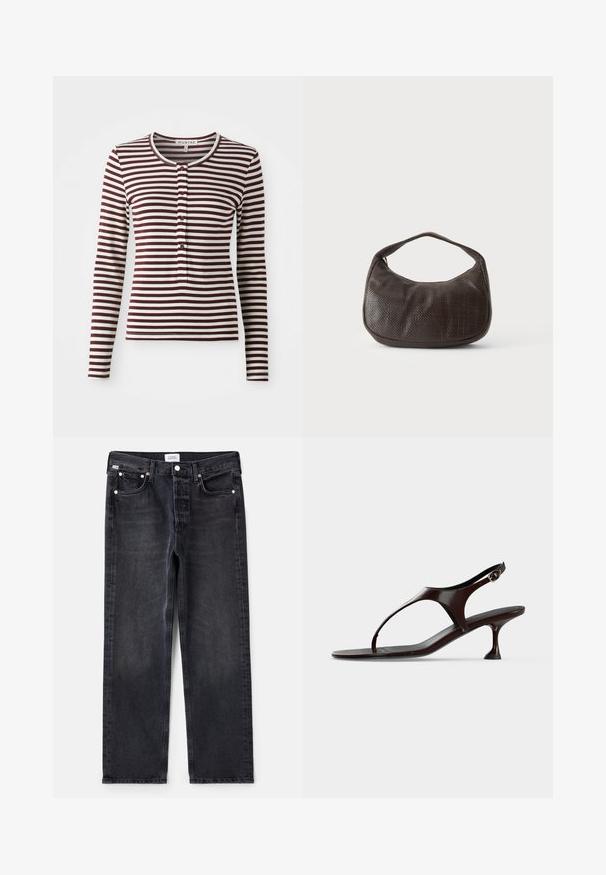 Langærmet top i bordeaux og creme striber. Har en rund hals, forreste knapper og en blød stoftekstur. Klassisk pasform design.; Sorte denimjeans med lige pasform, fem lommer, sølvhardware og en let falmet tekstur. Klassisk design med minimal detaljering.; Mørkebrun laklædersandal med rem bagpå, lille hæl og tårem på hvid baggrund.; Lille mørkebrun tekstureret håndtaske med kort rem og afrundet bund på en ensfarvet lys baggrund.