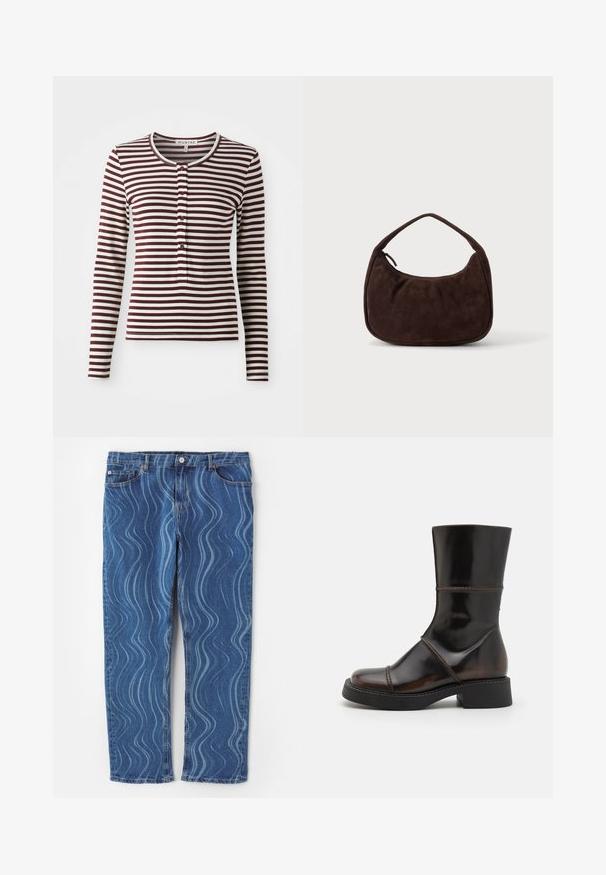 Langærmet top i bordeaux og creme striber. Har en rund hals, forreste knapper og en blød stoftekstur. Klassisk pasform design.; Blå denim jeans med et bølgende lys blå mønster, lige ben, knaplukning og syninger på lommerne.; MIISTA DAHLIA - Plateaustøvler - brown; Mørkebrun ruskindshåndtaske med kort rem og afrundet rektangulær form på en ensfarvet lys baggrund.