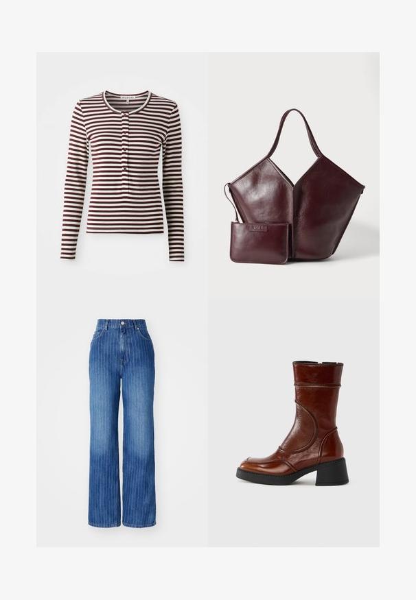 Langærmet top i bordeaux og creme striber. Har en rund hals, forreste knapper og en blød stoftekstur. Klassisk pasform design.; Blå denim brede bukser med lodrette hvide striber, høj talje og fem-lomme design, med knap- og lynlåslukning.; Brun læderankelstøvle med rundet tå, blokhæl og buede syningsdetaljer på skaftet. Glat tekstur og poleret finish.; Mørkebrun læderhåndtaske med enkelt håndtag og en matchende lille lynlåspung placeret foran på en lys baggrund.