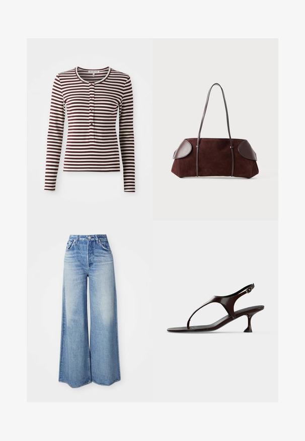 T-shirt à manches longues en rayures bordeaux et crème. Il présente un col rond, des boutons à l'avant et une texture de tissu douce. Design à coupe classique.; Jean large en denim bleu clair, avec une taille haute, un design à cinq poches, un lavage dégradé et un ourlet effiloché.; Sandale slingback en cuir verni marron foncé avec petit talon et bride entre les orteils sur fond blanc.; Sac en daim marron avec des accents en cuir, forme structurée, double poignées, bords arrondis, présentant une texture lisse et un matériel minimal.