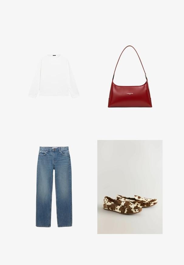 Sweat-shirt blanc à manches longues avec col rond, ourlet droit et petite étiquette noire au niveau de l'encolure sur un fond uni.; Jeans en denim bleu clair à coupe droite, avec cinq poches et des éléments en métal de couleur cuivrée. Le tissu présente une légère décoloration et une texture douce.; Mocassins en imprimé vache faits d'un matériau doux avec un motif marron et blanc, dotés d'un design à enfiler et d'une semelle plate en caoutchouc.; Sac à main en cuir rouge avec une bandoulière incurvée, au design épuré, logo en relief à l'avant, texture lisse et silhouette angulaire.
